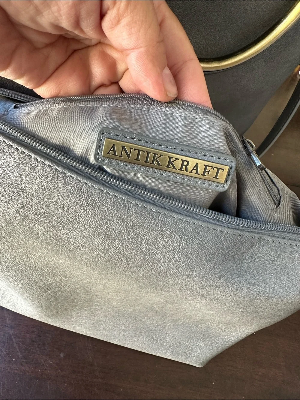 Antik Kraft Light Gray Crossbody Bag with Gold Handle